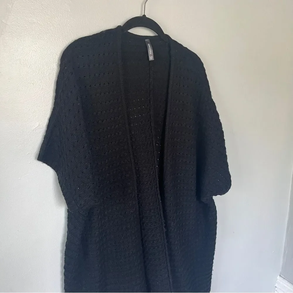Massini Black Open Knit Fringe Kimono Cardigan – Size S/M